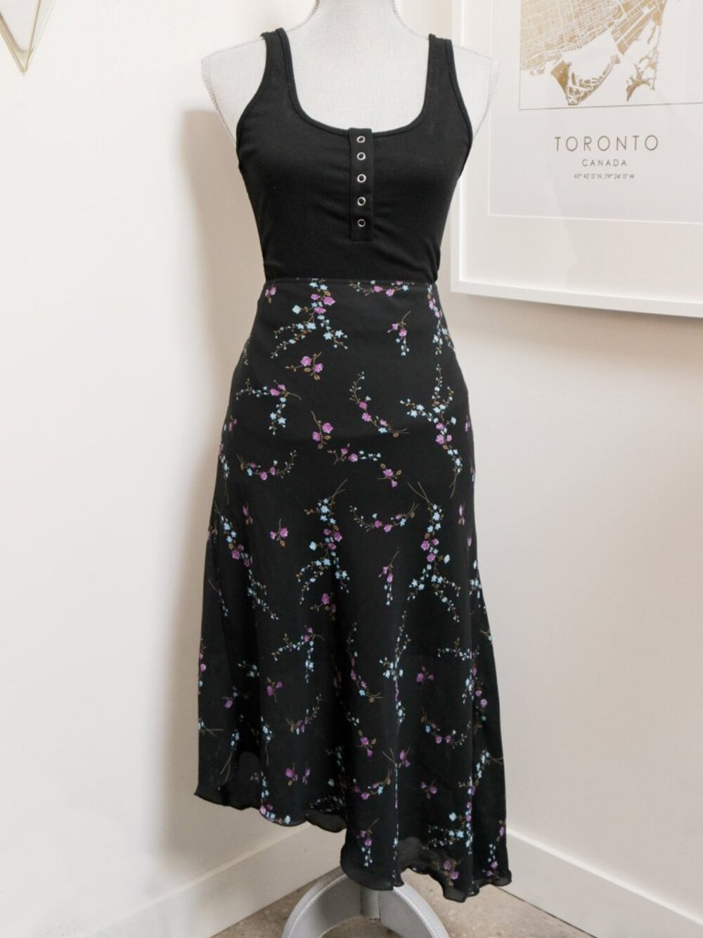 Vintage 90s Long Black Diagonal Hem Skirt w/ Blue & Purple Flowers, Whimsigoth